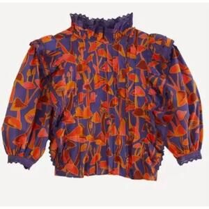 Farm Rio Women Mushroom Sketch Bright Blue Blouse Size S/M